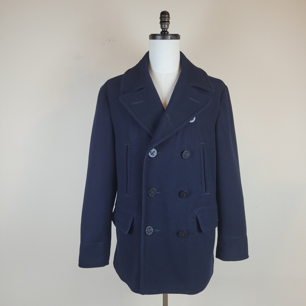 Vintage Polo Ralph Lauren Peacoat Lg Navy Blue Wool Blend Double Breasted Preppy
